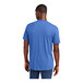A man wearing a District Heathered Royal short sleeve T-shirt in blue.