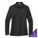 A black Port Authority long sleeve polo shirt with green embroidery.