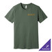A Bella + Canvas heather military green t-shirt with a logo on it.