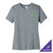 A women's grey Bella + Canvas short sleeve t-shirt with a green logo on it.