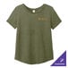 A women's olive green AllMade tri-blend t-shirt with a logo on it.