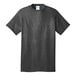 A dark heather gray Port & Company T-shirt with a blue label.