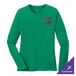 A Port & Company women's kelly green long sleeve shirt with a red logo.