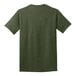 The back of an olive drab green Port & Company t-shirt with a white logo.