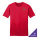 A red District short sleeve t-shirt with a logo on it.