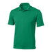 A kelly green polyester polo shirt with a collar.