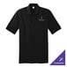 A Port & Company jet black polo shirt with a green logo on it.