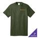 A Port & Company olive drab green heather t-shirt with a logo on it.