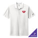 A white Nike Dri-FIT polo shirt with a logo on it.