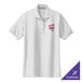 A white Port Authority women's polo shirt with a logo on it.