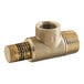 A brass Watts poppet type pressure relief valve with a gold handle.