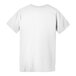 A close-up of a white Bella + Canvas customizable T-shirt with a logo on it.