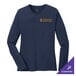 A navy Port & Company women's long sleeve t-shirt with the logo of a wheat farm.