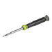 A close-up of a Klein Tools 14-in-1 Precision Screwdriver / Nut Driver with a black and green handle.