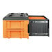 An orange and black plastic toolbox with two compartments.