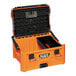 An orange Klein Tools toolbox with black lid and handle.