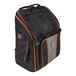 A black and orange Klein Tools backpack with a zipper.