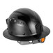 A black hard hat with a black and orange LED light on it.