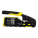 A close-up of a black and yellow Klein Tools Pass-Thru Ratcheting Ethernet Cable Crimper / Stripper / Cutter with a yellow handle.