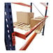 A blue Interlake Mecalux Pallet Rack beam with boxes on it.