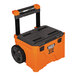 An orange and black Klein Tools rolling toolbox.