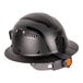 A black Klein Tools full brim hard hat with an orange LED light on it.