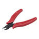 Klein Tools diagonal flush cutting pliers with red handles cutting a red and black wire.