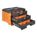 A black and orange Klein Tools 3-drawer toolbox.