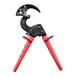 A close-up of a black and red Klein Tools Ratcheting Cable Cutter with red handles.