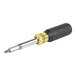 A close-up of a Klein Tools screwdriver with a black and yellow handle and a yellow tip.