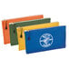 A group of colorful Klein Tools zippered canvas tool pouches in blue, yellow, and red.