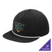 A black Port Authority 5-panel camper cap with a white stripe and rope detail on a counter.