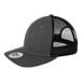 A black and grey New Era trucker cap with a mesh back.