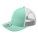 A mint green and white New Era trucker cap with a mesh back.