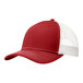 A red trucker cap with white mesh and white front panels.