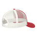 A red and white Port Authority trucker cap with mesh back.