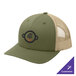 A khaki and olive green structured trucker cap with a black logo on it.