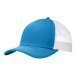 A blue trucker cap with white mesh on the front.