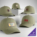 A collection of khaki, unstructured, low-profile 6-panel dad caps with various custom embroidered and patch designs.