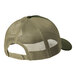 A close-up of a Port Authority olive drab green and tan trucker cap with mesh back.