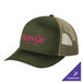 A Port Authority olive drab green trucker cap with tan mesh and pink text on the front.