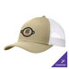 A light khaki and white Port Authority trucker cap with a logo on it.