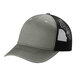 A heather gray and black Port Authority trucker cap.