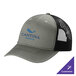 A heather gray trucker cap with a black mesh back.