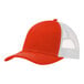 An orange and white trucker cap with mesh back.