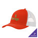An orange and white trucker hat with the word forge on it.