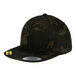 A black and green camouflage cap with a yellow logo on the front.