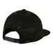 A black 6-panel hat with a camouflage pattern on the brim.