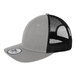 A New Era heather gray and black trucker cap with a black brim.