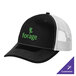 A black and white Port Authority trucker cap with green text on it.